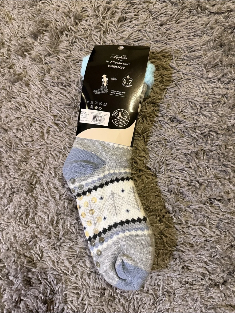 Cozy Thermal Knit Women's Slipper Socks - Light Blue & Gray